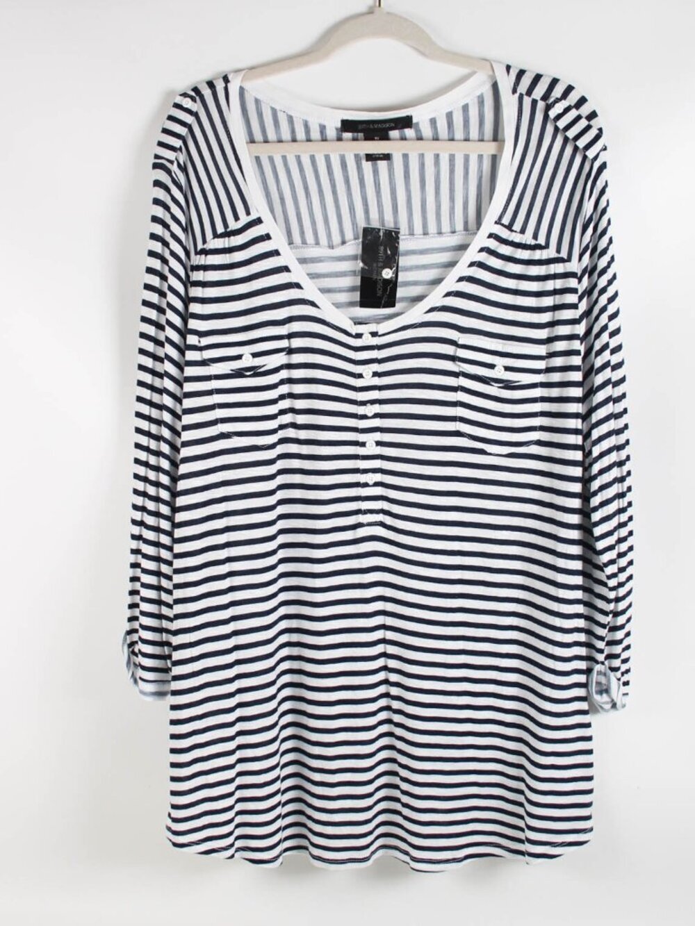 NWT 89th & Madison 3X Striped Rayon Henley Top Roll Tab Sleeve White Navy